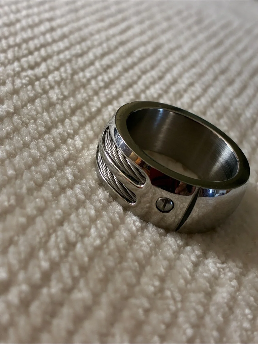 Unisex Stainless Steel Cable Accent Ring - Silver